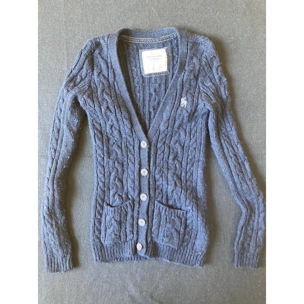 Abercrombie & Fitch Cable Knit Cardigan Sweater Womens Small Navy Blue Moose - Picture 2 of 12